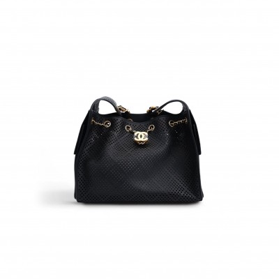 CHANEL MASTER SMALL 25 HOBO BAG BLACK PERFORATED CALFSKIN ANTIQUE GOLD HARDWARE (30*26*14cm) 